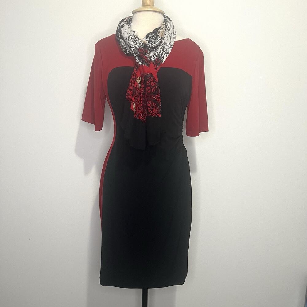 Connected Womens Size 10p Colorblock Elbow-Sleeve Ruched Red Black Dress w/Scarf